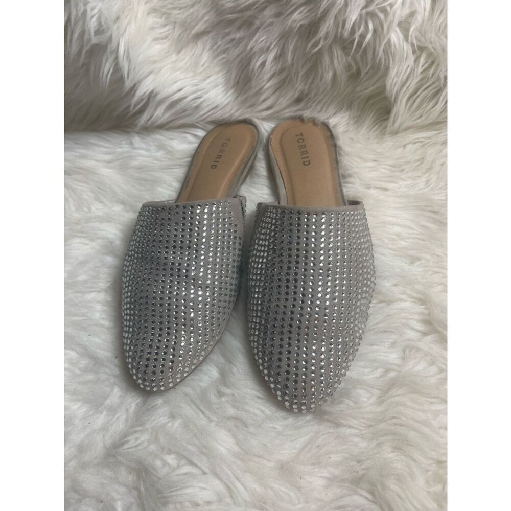 Torrid Fabric Silver Rhinestone Slip-On Mules SZ 10.5 W